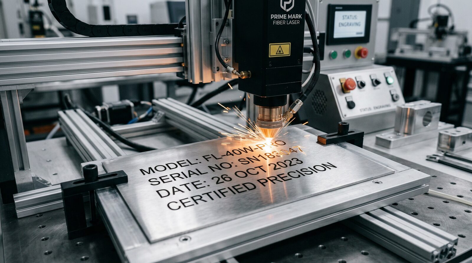Fiber laser precisely engraving serial numbers and text into a brushed stainless steel plate with sparks