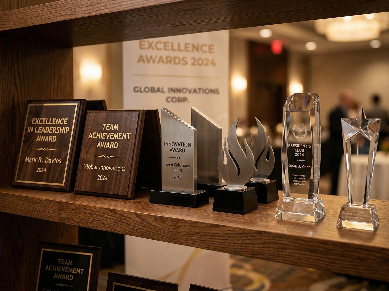 Elegant laser-engraved corporate awards and recognition plaques in wood, metal, and crystal