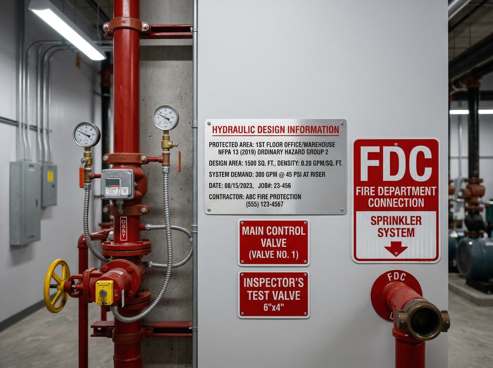 NFPA-compliant fire sprinkler hydraulic design information placards, FDC signs, and control valve signs mounted on a fire protection system