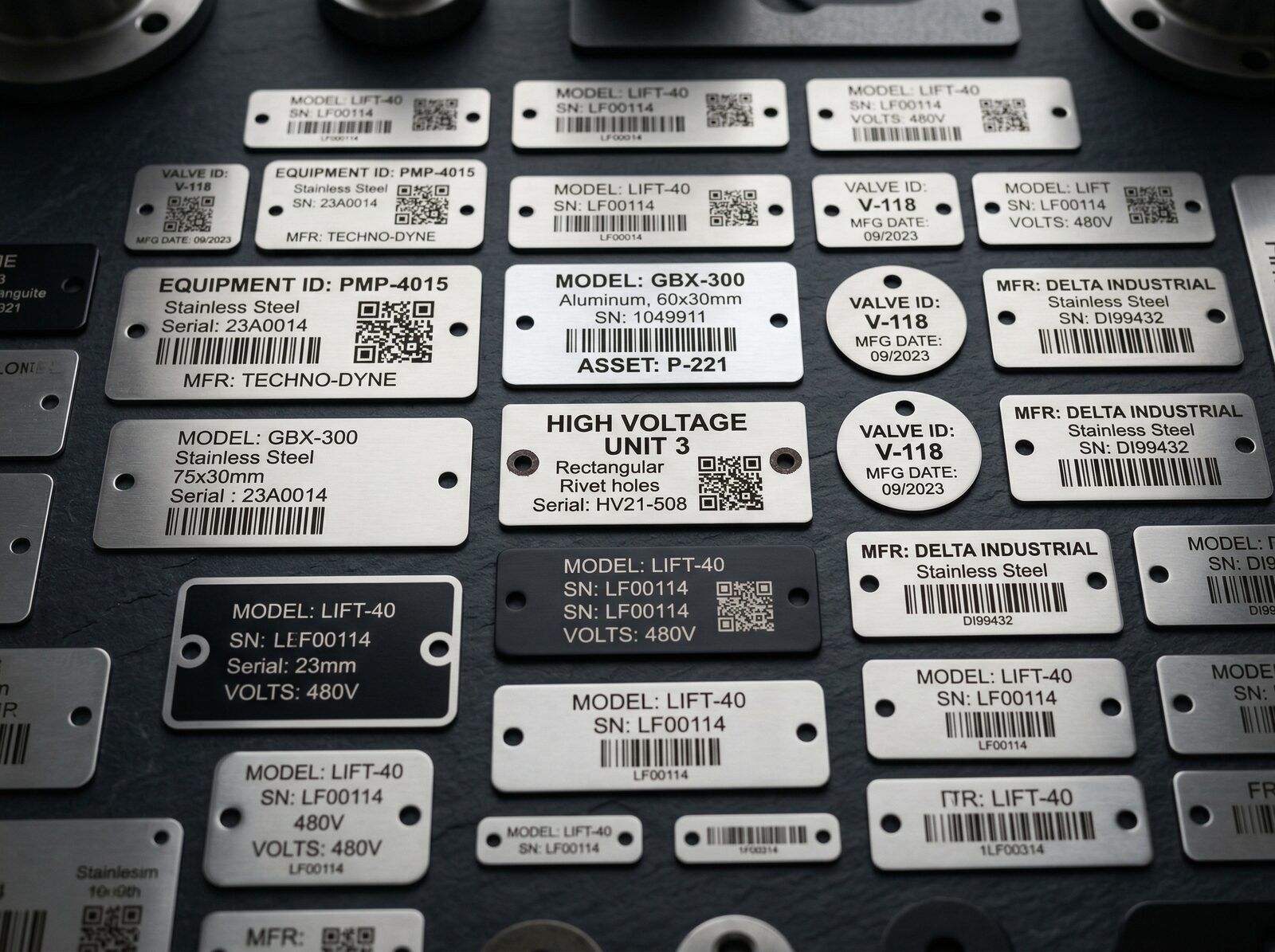 Collection of laser-engraved industrial asset tags, serial number plates, and equipment ID tags in stainless steel and aluminum